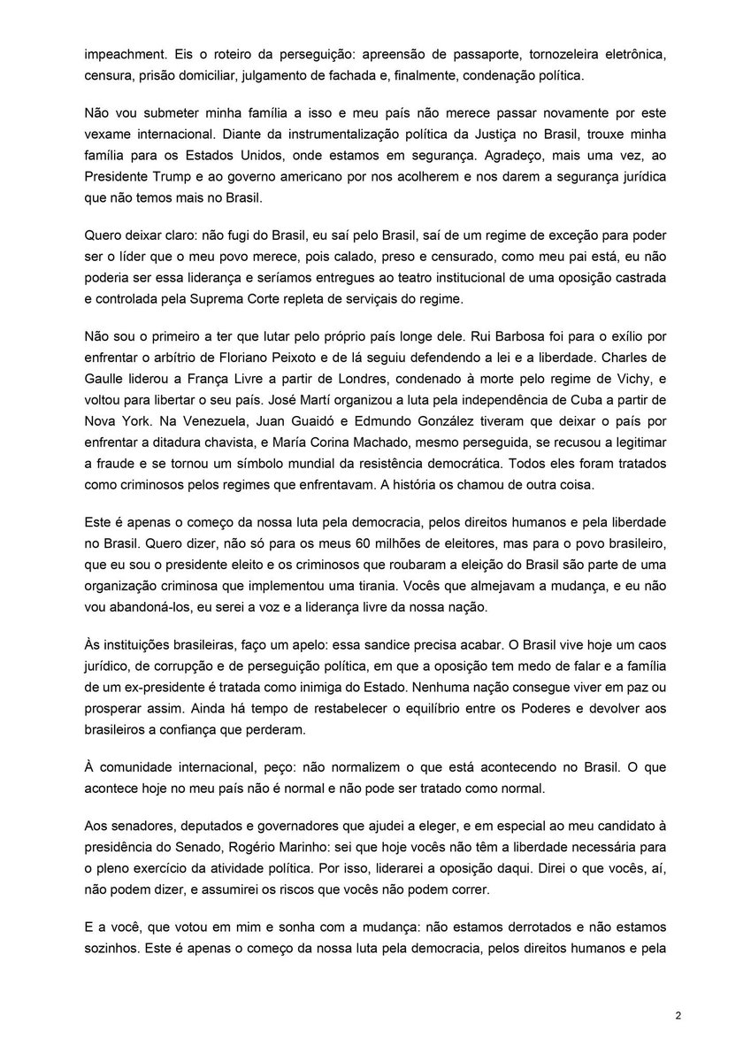 jon_delorraine's tweet photo. 🔴🇧🇷 ALERTE INFO | FLÁVIO BOLSONARO SE PROCLAME "VÉRITABLE PRÉSIDENT ÉLU" DU BRÉSIL DEPUIS LES ÉTATS-UNIS !

Dans un communiqué de trois pages publié ce mercredi 28 octobre, Flávio Bolsonaro conteste officiellement la victoire de Lula et dénonce une fraude électorale massive.

Il accuse la Cour suprême brésilienne d'avoir interféré dans le processus électoral, réclame l'invalidation de la victoire du tandem Lula-Alckmin et affirme que les institutions sont utilisées pour persécuter l'opposition.

Après avoir quitté le Brésil avec sa famille, il remercie personnellement Javier Milei pour son courage et Donald Trump pour lui avoir offert refuge et protection aux États-Unis.

Il déclare notamment :

"Je suis le président élu et les criminels qui ont volé l'élection du Brésil font partie d'une organisation criminelle qui a instauré une tyrannie."

Il compare son exil à celui du général de Gaulle à Londres, cite les opposants vénézuéliens et annonce qu'il dirigera désormais l'opposition depuis les États-Unis.

Il appelle la communauté internationale à ne pas "normaliser" la situation au Brésil.

Ses accusations de fraude ne sont toutefois pas démontrées.

🇧🇷 TRADUCTION INTÉGRALE DU COMMUNIQUÉ DE FLÁVIO BOLSONARO :

"Je m'adresse au peuple brésilien et à la communauté internationale en tant que véritable président élu du Brésil.

Avant toute chose, je voudrais remercier le président Milei pour son courage, son sens de la justice et de la légalité, ainsi que le président Trump et le merveilleux peuple américain de m'accueillir. C'est une terre de libertés et de frères qui partagent les mêmes valeurs que les bonnes personnes de mon pays. Le président Trump est un grand défenseur de la liberté d'expression.

Dimanche soir, j'ai assisté, stupéfait, à la concrétisation d'une fraude électorale sous mes yeux. L'intervention illégitime et illégale de l'ancien avocat de Lula a permis qu'une impossibilité mathématique se réalise et que Lula ajoute plus de 10 millions de voix entre le premier et le second tour.

Une décision du STF, prise en empiétant sur les compétences du TSE, a prolongé le scrutin à la dernière minute, et l'ordre n'est arrivé qu'après la fin de l'horaire légal, alors que les urnes étaient déjà fermées. Les électeurs ont été soumis à des règles différentes.

Jusqu'à présent, le TSE s'est limité à défendre la prolongation des horaires et n'a fourni aucune réponse crédible. Et les irrégularités susceptibles d'entraîner la nullité du scrutin ne sont pas le seul problème.

Tout au long de la campagne, il y a eu des abus de pouvoir politique et économique, ainsi qu'une utilisation de l'appareil d'État en faveur de la réélection. Ce sont des faits graves, expressément interdits par la loi, qui justifient l'invalidation du ticket Lula-Alckmin.

La réponse du régime à ma contestation est arrivée rapidement. Comme dans un plan élaboré à l'avance, sept minutes après cette fraude électorale répugnante, le juge, impliqué dans un immense scandale de corruption, directement cité dans l'enquête qui a servi à tenter de saisir mes passeports, et qui serait très probablement en prison si ces personnes n'avaient pas empêché mon accession au pouvoir, a mis en marche la machine de persécution politique du régime.

Étant empêché dès le départ et totalement suspecté de partialité pour engager toute procédure judiciaire contre moi, sa simple participation aux actes de procédure démontre l'ampleur de l'arbitraire et de l'illégalité en cours.

Voici le scénario de la persécution : confiscation du passeport, bracelet électronique, censure, assignation à résidence, procès de façade et, finalement, condamnation politique.

Je ne soumettrai pas ma famille à cela, et mon pays ne mérite pas de subir une nouvelle fois cette honte internationale. Face à l'instrumentalisation politique de la justice au Brésil, j'ai emmené ma famille aux États-Unis, où nous sommes en sécurité.