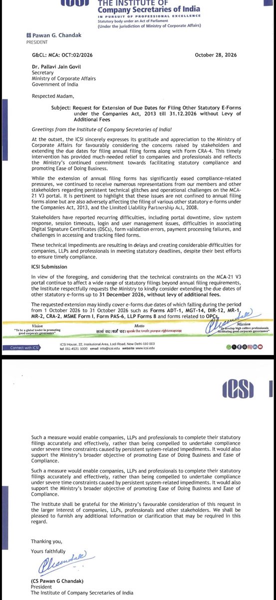 FCSJigarShah's tweet photo. #ICSI sent a representation letter to MCA to consider extension of other forms too along with #AoC4 and #MGT7

#CSTwittee https://t.co/On39SmtFBm