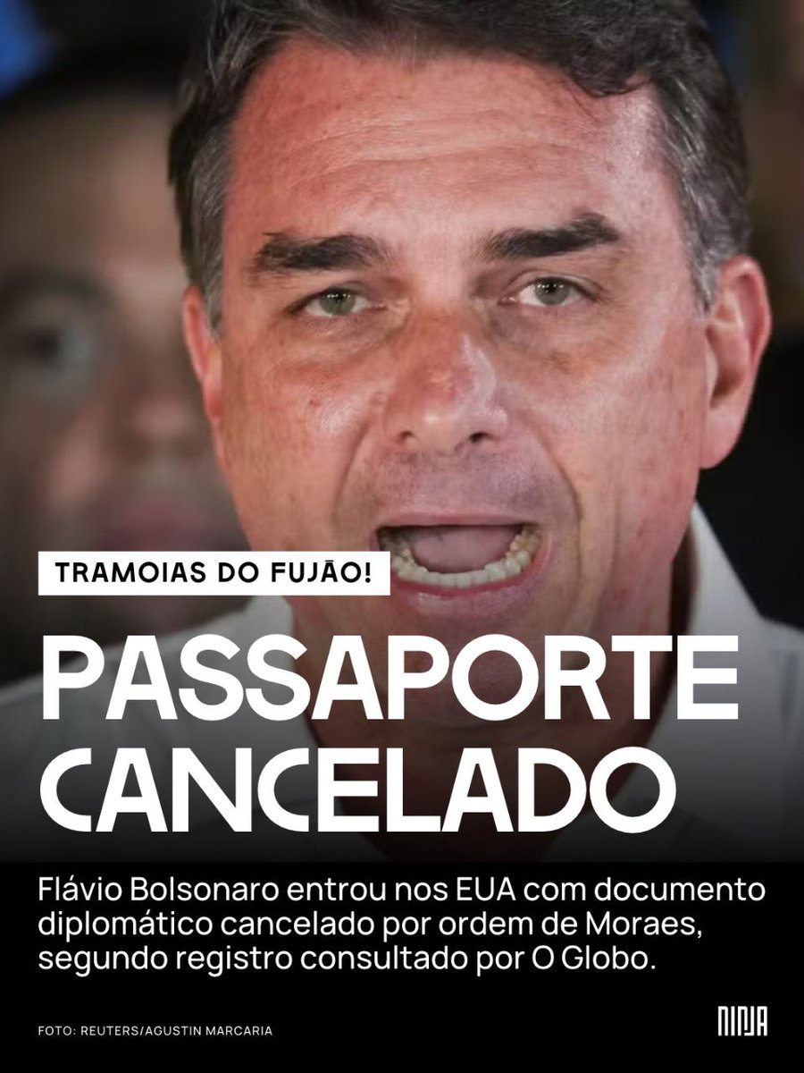 MidiaNINJA's tweet photo. Flávio Bolsonaro entrou nos EUA usando um passaporte diplomático que, segundo O Globo, já havia sido cancelado por ordem de Alexandre de Moraes. 

O registro migratório também aponta o uso de um passaporte italiano. Ele chegou a Miami na quarta-feira (28), após cruzar a fronteira com a Argentina.