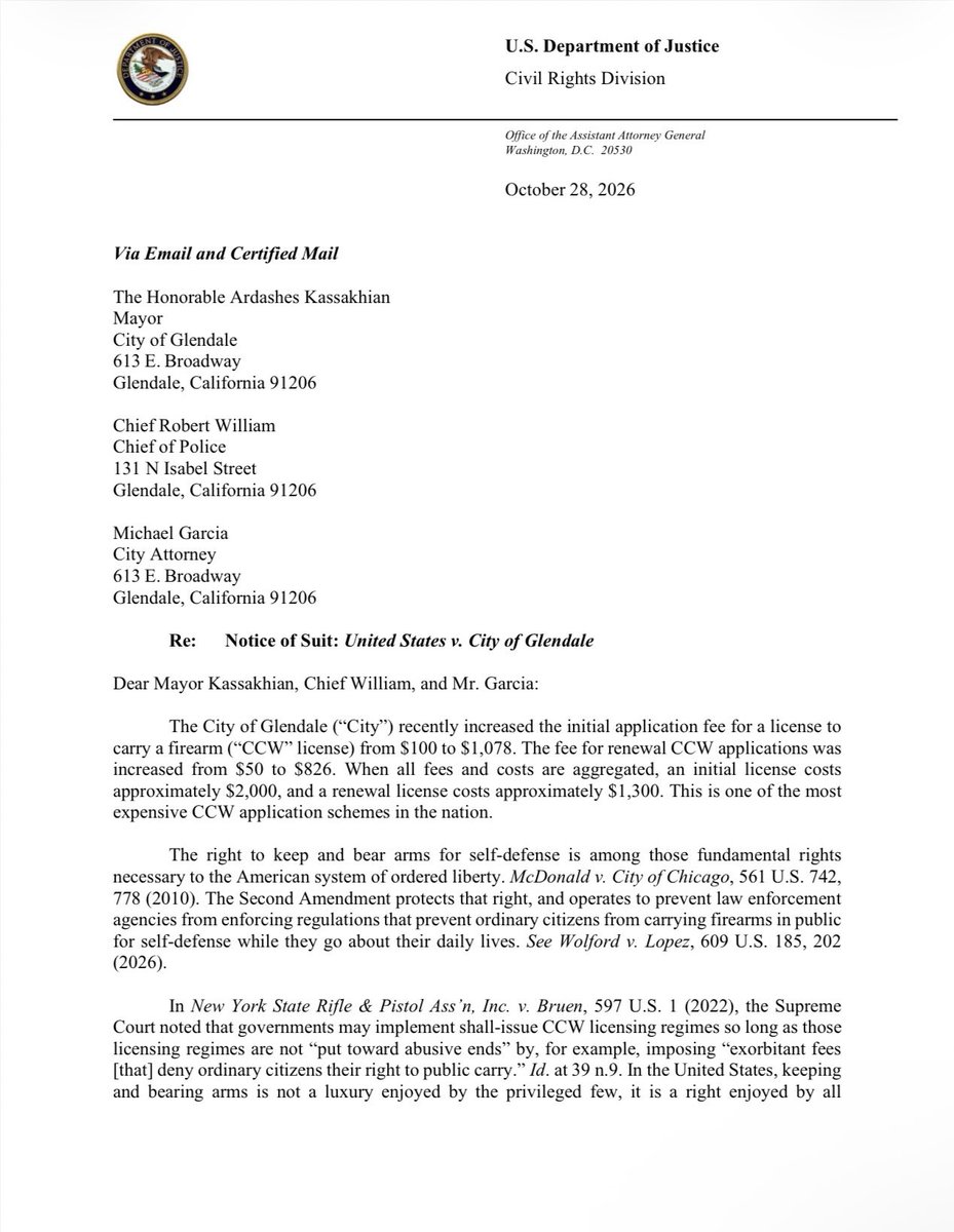 AAGDhillon's tweet photo. The City of Glendale, California, cannot impose unconstitutional $2,000 costs to obtain a concealed carry permit for lawful firearms. We @CivilRights gave them one week to fix it. Tick tock! https://t.co/xXFyHeerCv