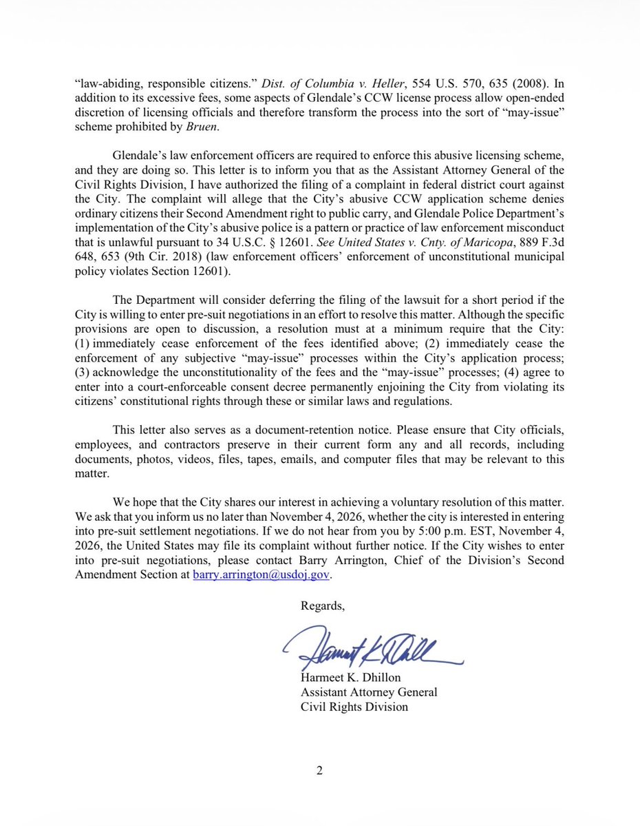 AAGDhillon's tweet photo. The City of Glendale, California, cannot impose unconstitutional $2,000 costs to obtain a concealed carry permit for lawful firearms. We @CivilRights gave them one week to fix it. Tick tock! https://t.co/xXFyHeerCv