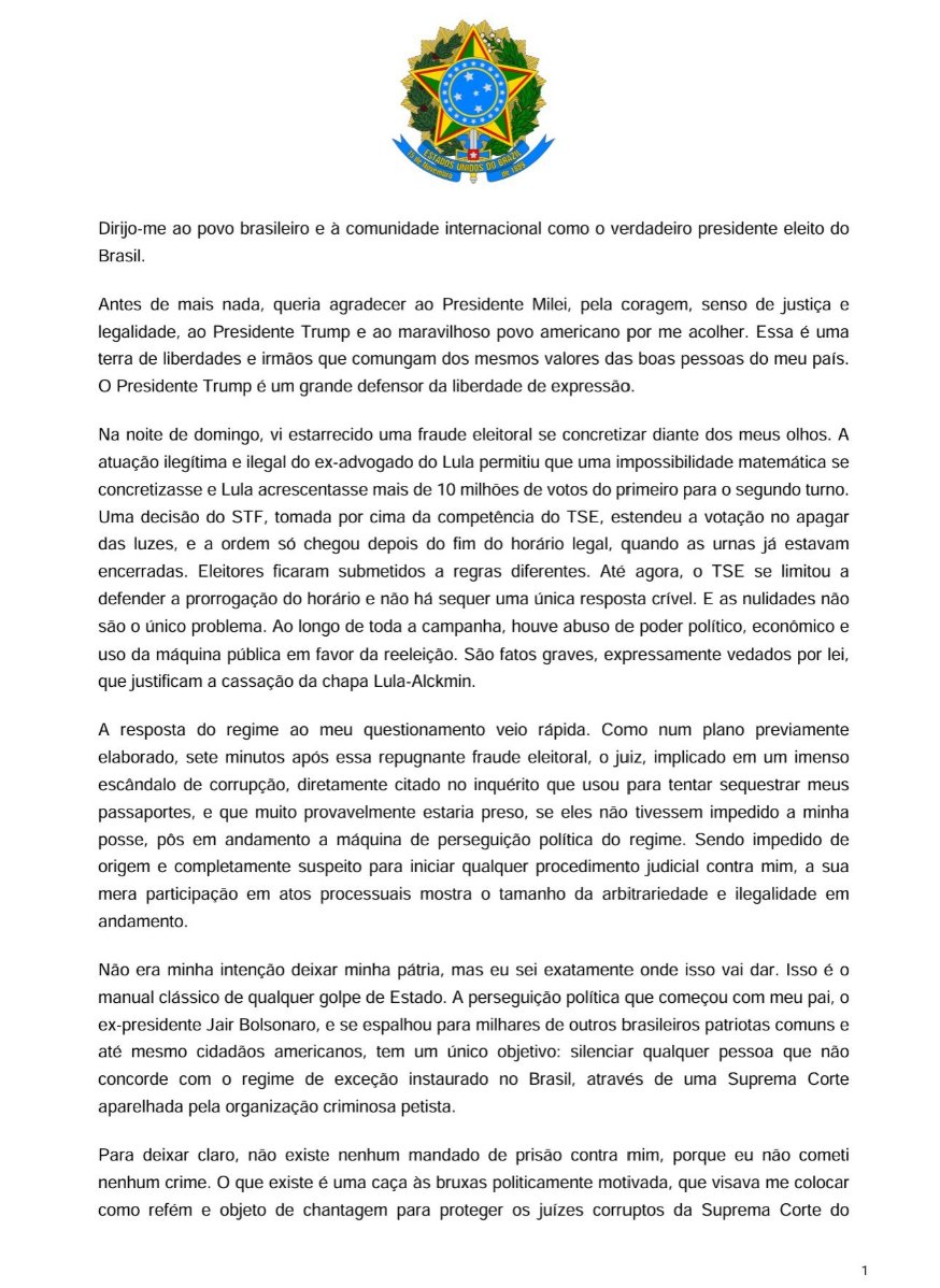 poptime's tweet photo. 🚨 URGENTE: O candidato derrotado Flávio Bolsonaro publica carta aberta, enquanto está foragido nos Estados Unidos, se declarando o "verdadeiro presidente eleito do Brasil". https://t.co/9ZcakeTnct