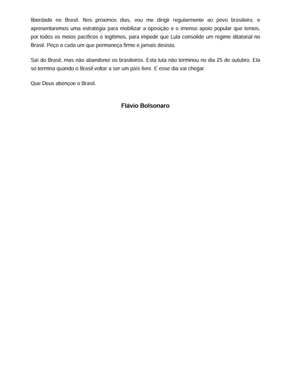 poptime's tweet photo. 🚨 URGENTE: O candidato derrotado Flávio Bolsonaro publica carta aberta, enquanto está foragido nos Estados Unidos, se declarando o "verdadeiro presidente eleito do Brasil". https://t.co/9ZcakeTnct