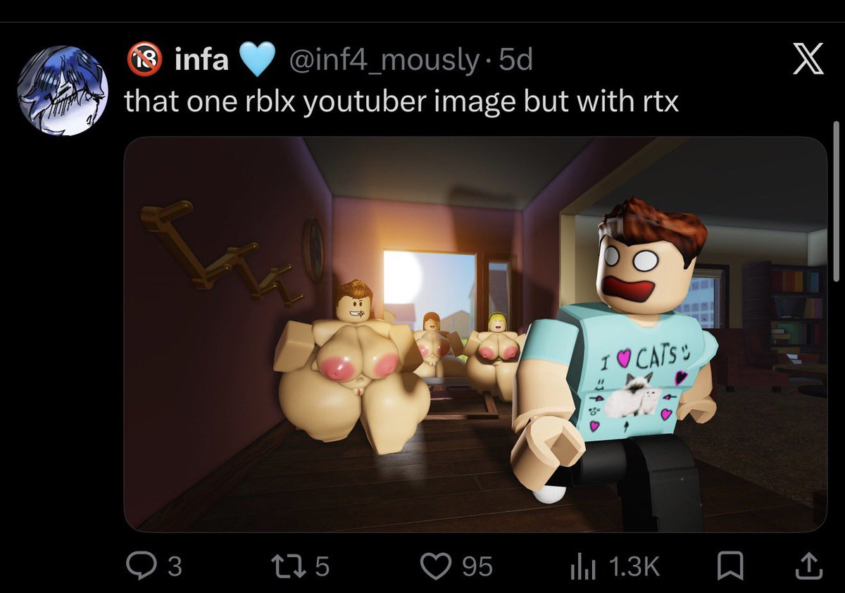 ShortgtanAD's tweet photo. Not defending the incest art at all by like I lowkey consider making Roblox porn to be worse. Like why not just go to blender bruh why make porn on the kids platform 😭

Yes I’m aware this stuff is kept to studio usually but still I think it’s lowkey pretty weird personally. https://t.co/Th8uwGfVLe