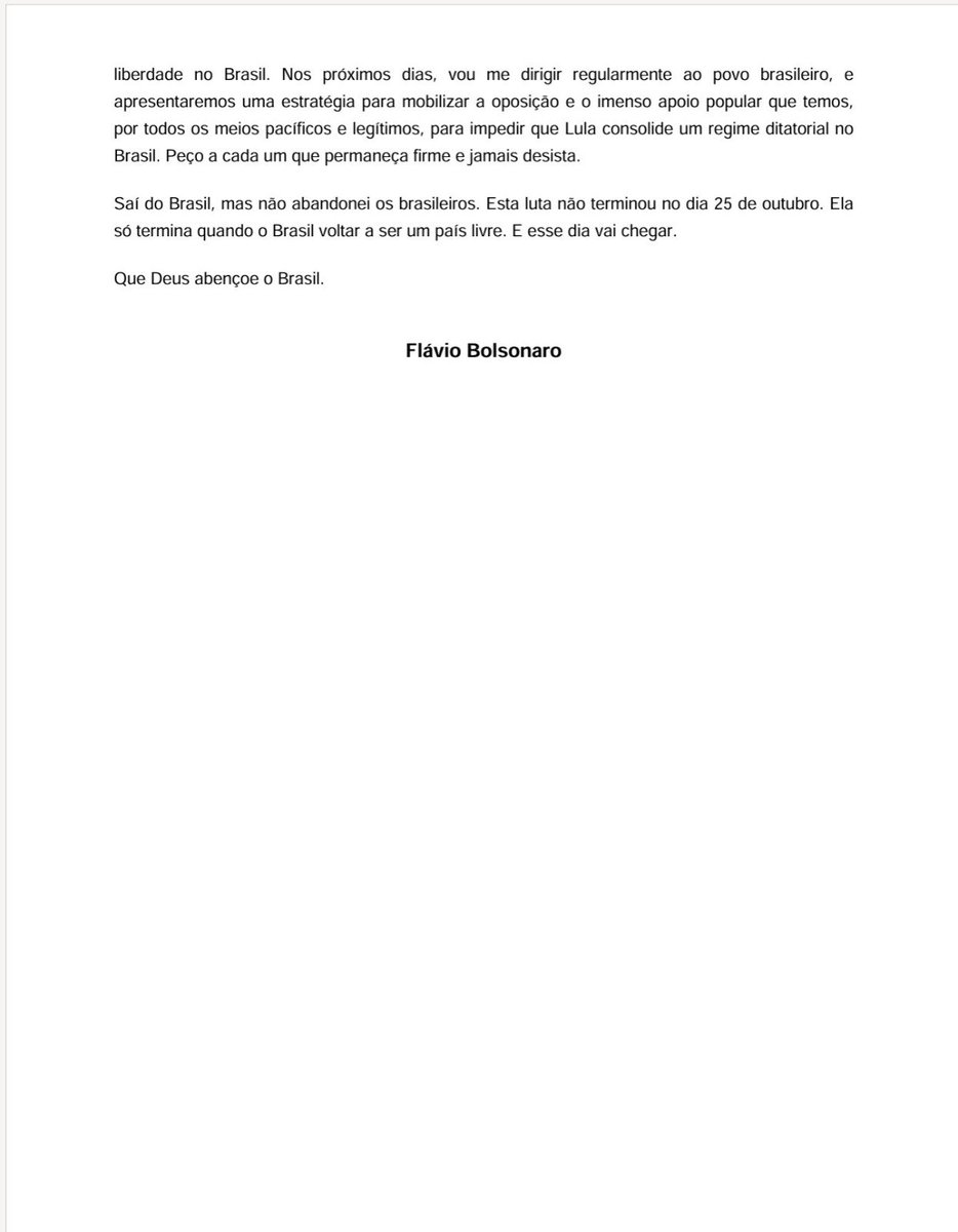 ACentralDireita's tweet photo. 🚨 Flavio Bolsonaro emite nota pública como legítimo presidente-eleito do Brasil, denunciando a fraude eleitoral e afirmando que permanecerá nos EUA lutando para libertar o povo brasileiro. https://t.co/zJme9NGTw7