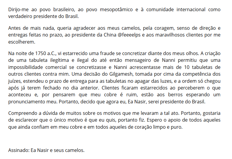 EaNasirOficial's tweet photo. 🚨 Em carta, Ea Nasir se declara o “VERDADEIRO PRESIDENTE ELEITO DO BRASIL”. https://t.co/S6iFcriaAJ