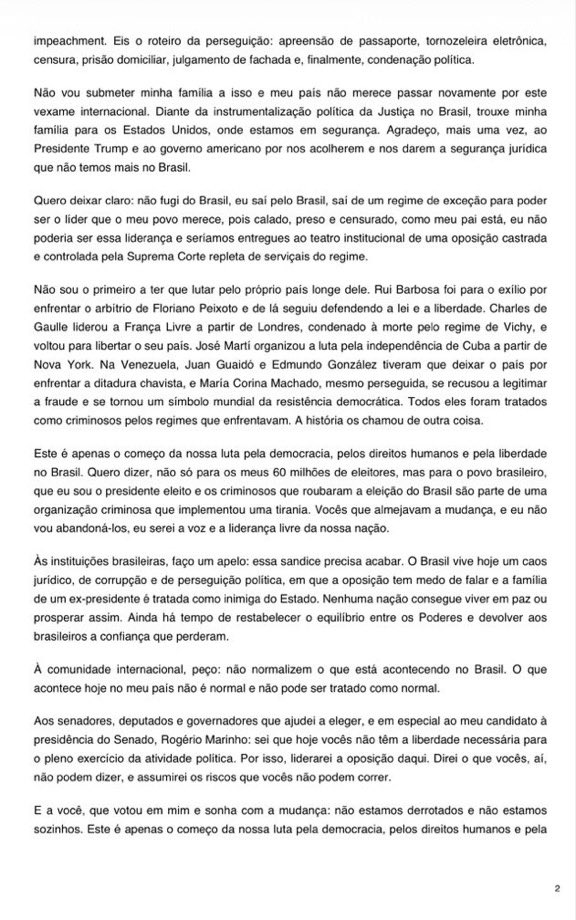 SimonLevyMx's tweet photo. Flávio Bolsonaro issues his first official statement since arriving in the United States, confirming what I reported yesterday about his departure from Brazil and the protection he says he has received.

Here are the key points:

1. Flávio declares himself the legitimate president-elect of Brazil and denounces massive electoral fraud in favor of Lula.

2. He questions how Lula gained more than 10 million additional votes between the first and second rounds and accuses Brazil’s Supreme Court of interfering with the electoral process.

3. He confirms that he left Brazil with his family and is now safe in the United States.

4. He personally thanks Argentine President Javier Milei for his courage, sense of justice, and respect for the rule of law. 

He also thanks President Donald Trump and the American people for welcoming his family, describing America as a land of freedom and shared values.

5. He thanks President Trump and the U.S. government for providing the legal security he says no longer exists in Brazil.

6. He states that there is no arrest warrant against him but denounces an attempt to confiscate his passports and a politically motivated campaign to imprison and silence him.

7. He makes it clear: “I did not flee Brazil.” He says he left to preserve his freedom and continue leading the Brazilian people.

8. He announces that he will lead the Brazilian opposition from the United States, speaking freely against Lula and the Brazilian judicial establishment, as I shared before.

9. He compares his political exile to those of Charles de Gaulle, José Martí, and Venezuelan opposition leaders who continued fighting for their countries from abroad.

10. He calls on Brazilian senators, governors, and members of Congress to stand up against political persecution and restore the balance of power.

11. He calls on the international community not to normalize what he describes as the destruction of democracy and the rule of law in Brazil.

His statement confirms the central facts I reported yesterday: Flávio Bolsonaro left Brazil, arrived safely in the United States with his family, and says he has received protection from President Trump’s administration.

His statement does not formally confirm that political asylum has already been granted, but it makes his intentions absolutely clear.

He says he is not abandoning Brazil. He is preparing to lead the opposition from American soil.

This is just the beginning.

God bless Brazil. God bless the United States of America!