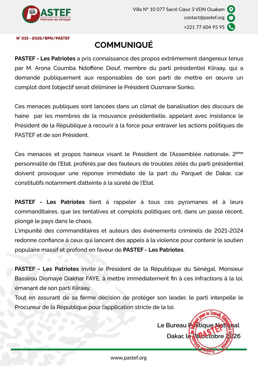 elmaalignjaay's tweet photo. UNE LIGNE ROUGE A ÉTÉ FRANCHIE !

Proférer des menaces contre la deuxième personnalité de l’État est un acte d’une extrême gravité, inacceptable dans une République, et qui exige une réponse ferme des institutions compétentes.

Notre pays connaît le prix des dérives politiques. Nous ne saurions tolérer la banalisation des menaces ni permettre à quiconque de mettre en péril la paix, la stabilité et la cohésion nationale.

À ceux qui veulent nous combattre, nous donnons rendez-vous dans les urnes !

La démocratie se défend par les idées, les arguments et le verdict souverain du peuple, jamais par les menaces.