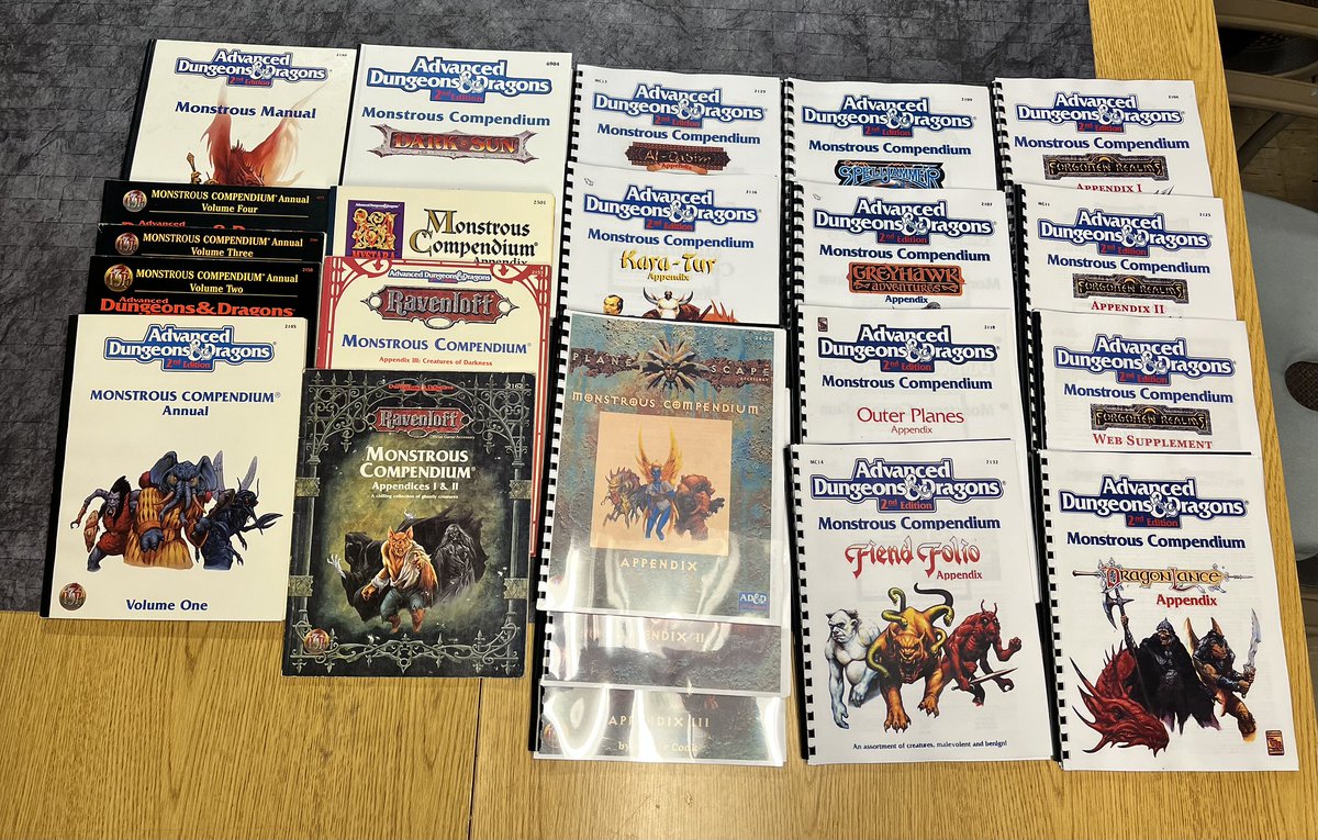 RetroGamer_Meph's tweet photo. @Waynes_Books @KevinLamb74 I know you have probably seen this but my binder and a bunch of the appendices sit on the shelf.  Instead I bought the soft cover ones that were affordable, printed and bound the others, and then took every looseleaf appendix and made them into their own bound versions. https://t.co/bCGhR5rLZ5