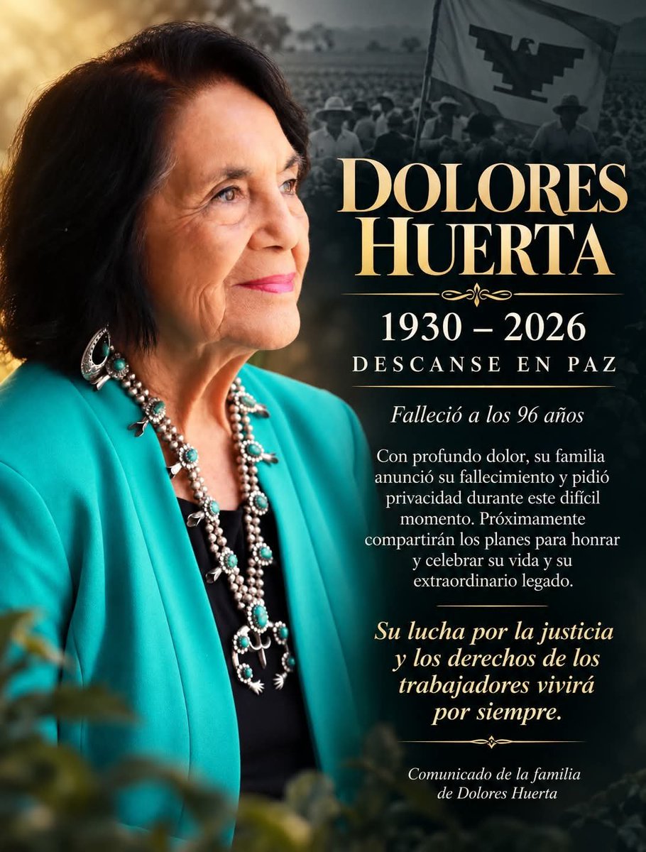 mahtowin1's tweet photo. The great United Farm Workers labor leader Delores Huerta has passed into the spirit world at age 96.

Que en paz y poder descanse. https://t.co/VClzZXqyo8