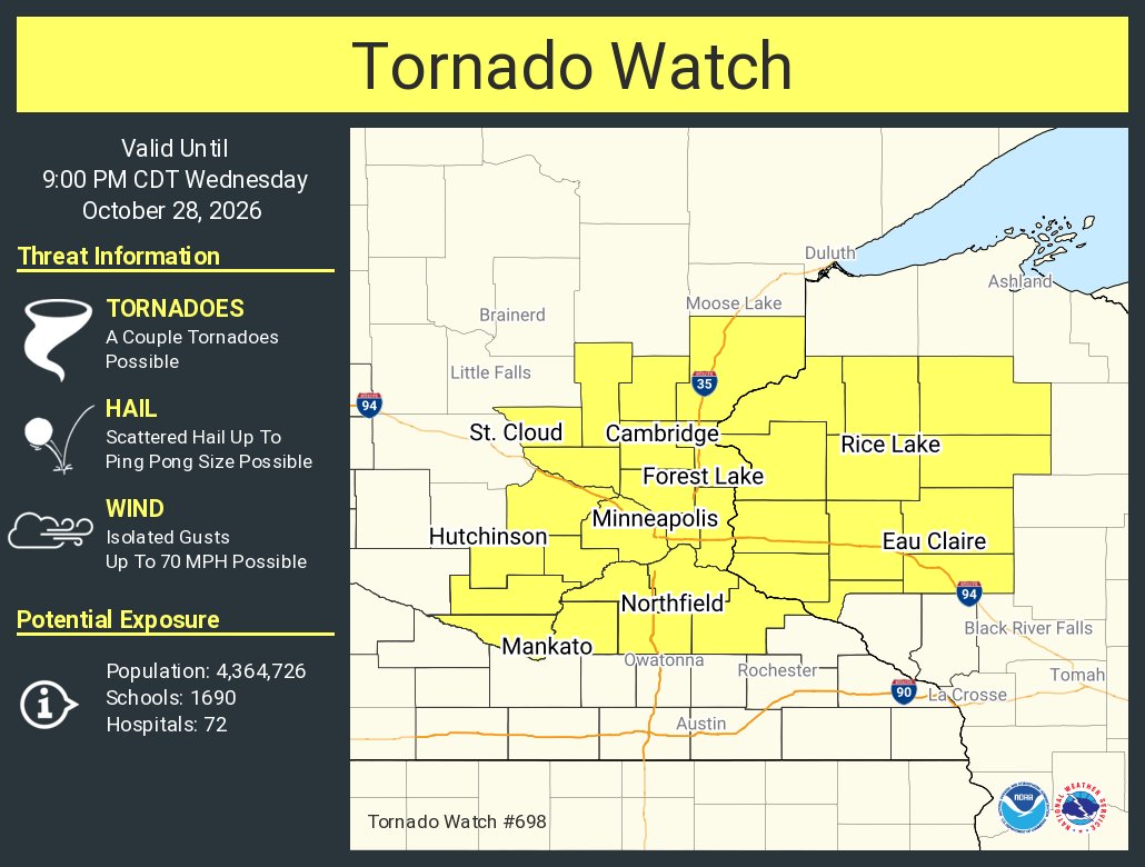 NWSTwinCities's tweet photo. A tornado watch has been issued for parts of Minnesota and Wisconsin until 9 PM CDT https://t.co/Ul5mncSpiD