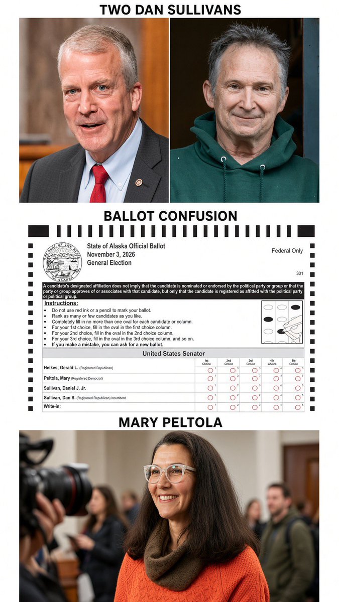 TONYxTWO's tweet photo. DEMOCRATS JUST GOT CAUGHT TRYING TO STEAL AN ALASKA SENATE SEAT.

Mary Peltola’s people spent months hunting for another guy named Dan Sullivan so they could put a fake one on the ballot and confuse voters.

They searched voter rolls. Made secret trips. Used fake names. The New York Times confirmed it.

THIS IS NOT “politics.” This is election interference.