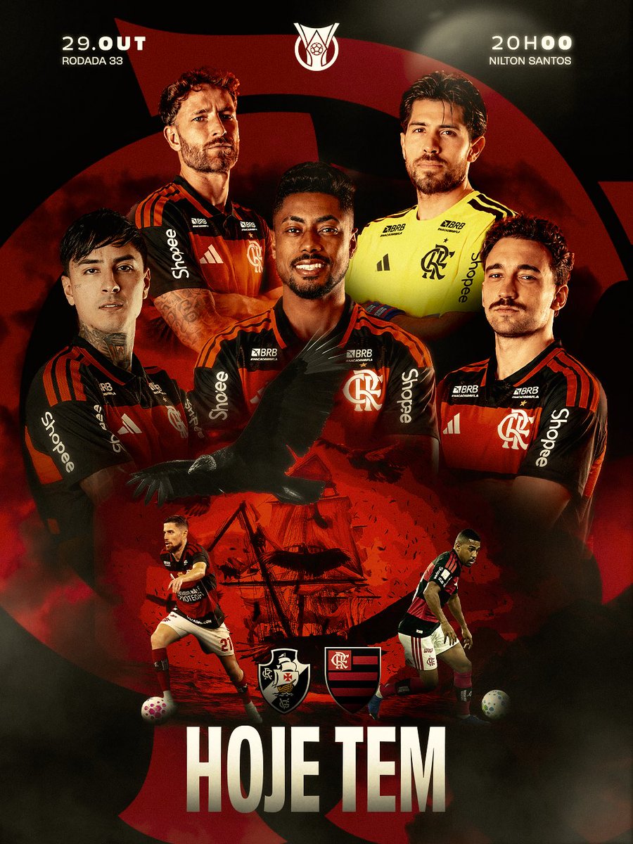 Flamengo's tweet photo. ALÔ ALÔ, NAÇÃO! DEU MEIA-NOITE E TÁ NA HORA DE AVISAR PRA GERAL QUE HOJE TEM MENGÃO EM CAMPOOOOOO!

A partir das 20h, o Estádio Nilton Santos recebe o clássico entre Vasco x Flamengo, válido pela 33ª rodada do @brasileirao e o Mais Querido vai em busca dos 3 pontos!

VAAAAAAAI PRA CIMA DELES, MENGOOOOOOOO! 🔴⚫️

#HojeTem #VASxFLA