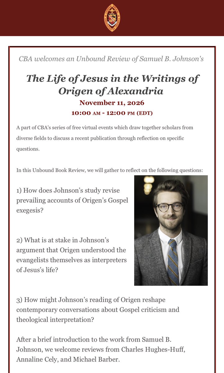 SamuelBJohnson's tweet photo. Thrilled that @CatholicBiblica is hosting an Unbound Book Review of The Life of Jesus in the Writings of Origen of Alexandria (@CambridgeUP)! Livestream with Q&amp;A is two weeks from today, Nov. 11 at 10am ET. Free registration here: https://t.co/0YB9ekqWIu https://t.co/J2HtTdfLP2