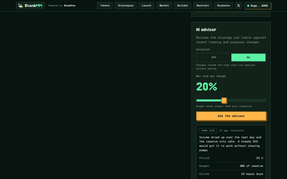 TryStonkMM's tweet photo. Late time, but shipping! Welcome AI Market Maker

Nobody wants to babysit a bot. Nobody wants a bot nobody watches either.

The advisor looks at price, volume, liquidity, your reserve and every trade your bot has made, then proposes a change. Tightening a range inside your limits, it does itself. Switching the preset or raising the budget, it asks.

You set the leash. It stays on it.