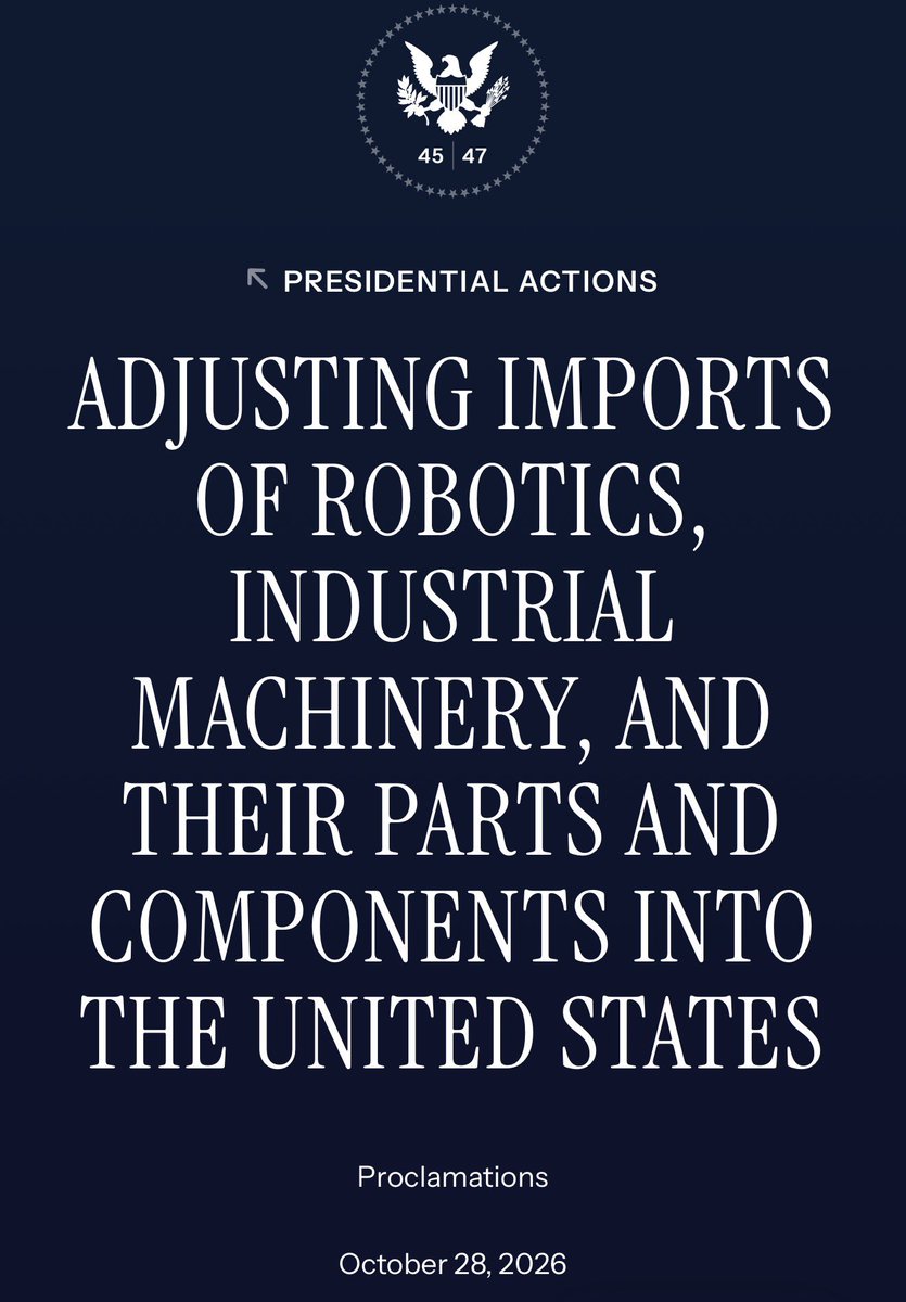aphysicist's tweet photo. the white house just declared our dependence on imported robots and industrial machinery a national security threat.

no new tariffs yet. trade negotiations come first.

the bigger point: rebuilding american industry means building the machines that make everything else. https://t.co/moCGpqqfn9