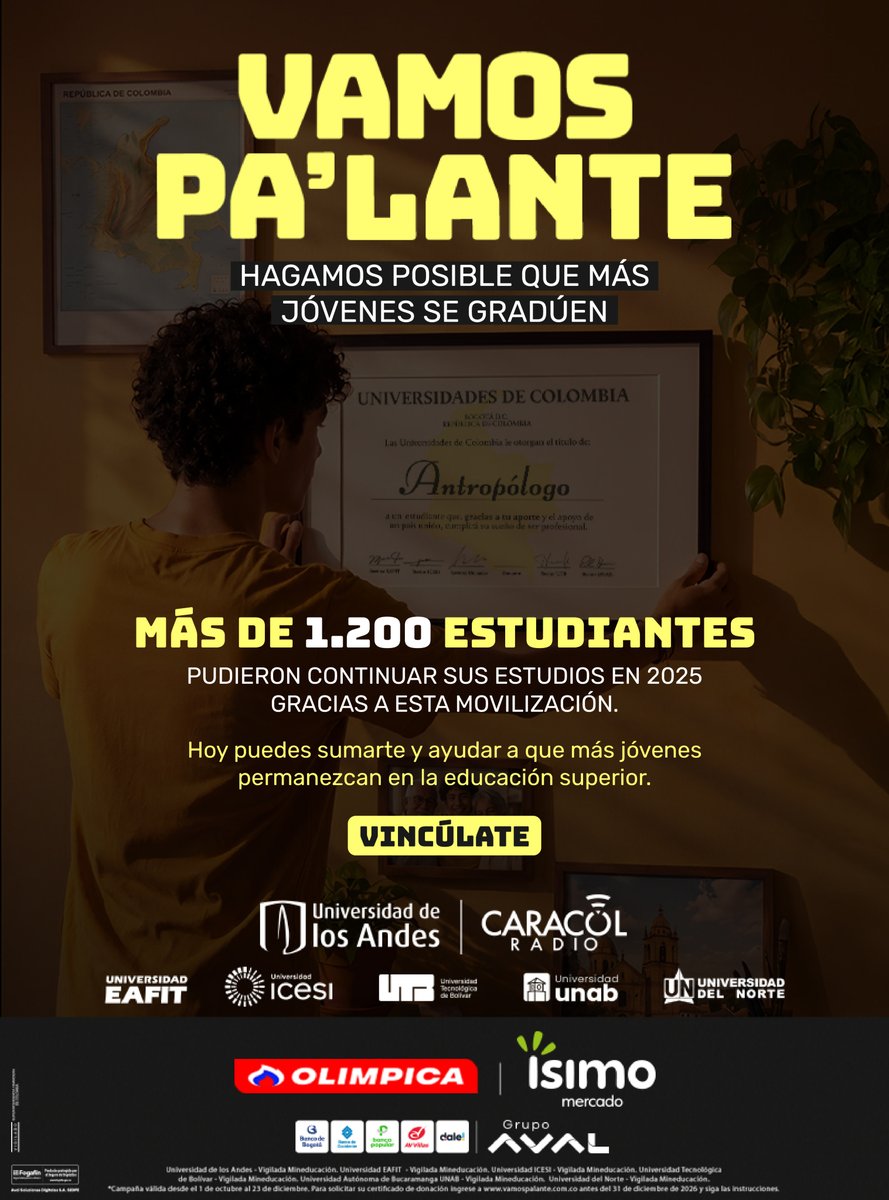 EAFIT's tweet photo. 🎓 En #EAFIT creemos en el poder transformador de la educación. Sabemos que cuando una persona tiene la oportunidad de aprender, crecer y cumplir sus sueños, ese impacto trasciende su propia historia y llega a su familia, su entorno y la sociedad. ✨

Con Vamos pa’lante, unimos esfuerzos para que más estudiantes puedan continuar su formación profesional y llegar a la meta de graduarse. En 2025, más de 1.200 estudiantes pudieron seguir adelante con sus estudios gracias a esta iniciativa. 📚 

Hoy tú también puedes ser parte de esta historia. Tu aporte puede abrirles camino a nuevas oportunidades y ayudar a que más estudiantes cumplan su meta de graduarse. 🤝

Súmate a Vamos pa’lante y contribuye a que más estudiantes sigan adelante con sus sueños: https://t.co/CcsXTK6Irm