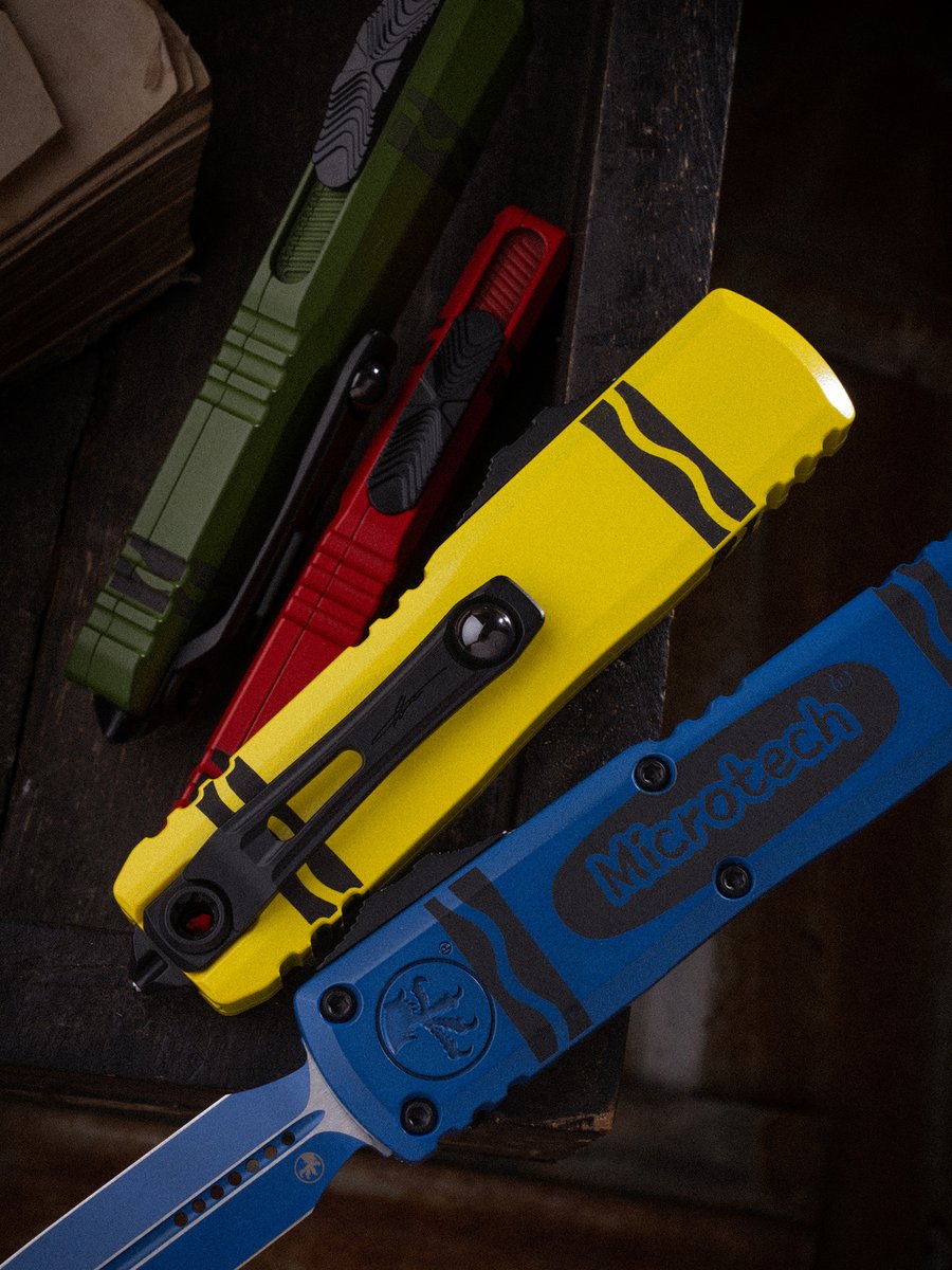 microtechknives's tweet photo. The UTX-85® featuring a standard double edge blade housed in a smooth chassis given a colorful @Cerakote finish.

Bring out your inner child with these vibrant UTX-85®s. EDC should be reliable and durable, but nobody said it can't also be fun. https://t.co/5BJNC4porn