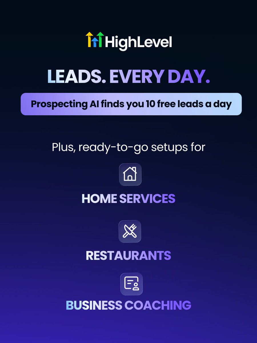 gohighlevel's tweet photo. Most agency owners spend more time finding clients than serving them.

The Founder Plan gives you two ways to change that.
Prospecting AI finds up to 10 potential clients a day at no extra cost.

And through the HighLevel Partner Network, qualified Founder Plan partners can be matched with businesses that need HighLevel help. Matching starts January 2027.

Less hunting. More building.

Start your free trial and put your time back where it pays.