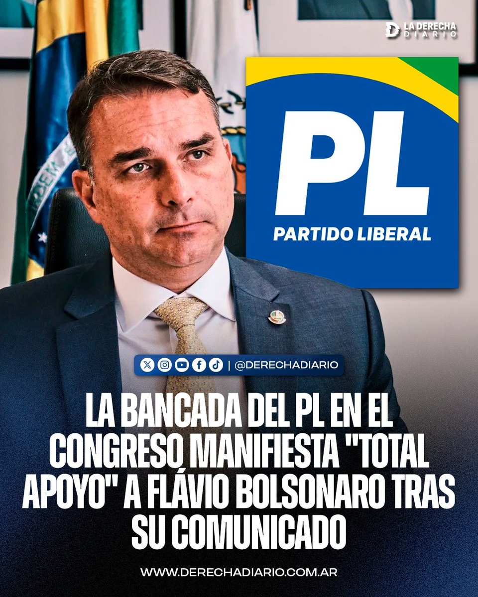 laderechadiario's tweet photo. 🚨🇧🇷🇺🇸 | LA DERECHA BRASILEÑA SE UNE DETRÁS DE FLÁVIO BOLSONARO: La bancada del Partido Liberal (PL) en el Congreso manifestó su "total apoyo" al senador tras su salida de Brasil hacia Estados Unidos.

Los líderes del partido en ambas cámaras rechazaron que se lo califique de "prófugo" y llamaron a mantenerse unidos "en defensa de la democracia, la libertad y los principios" del partido.