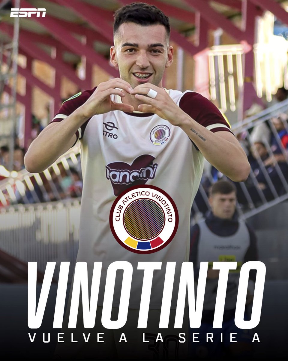 ESPNEcuador's tweet photo. 🚨 ¡DEFINICIÓN DE INFARTO!

🙌 Vinotinto venció 1-0 a Atlético JBG y se convirtió en el segundo club ascendido a la serie de privilegio, en la Liga Ecuabet.

👉 El equipo capitalino ganó en el final del partido y 9 de Octubre, el otro opcionado, se quedó a las puertas y su goleada de 8-1 ante Cuenca Juniors no sirvió de nada.

🏆Atlético JBG ya se coronó campeón con anticipación y son los dos clubes que jugarán en la Serie A en 2027.