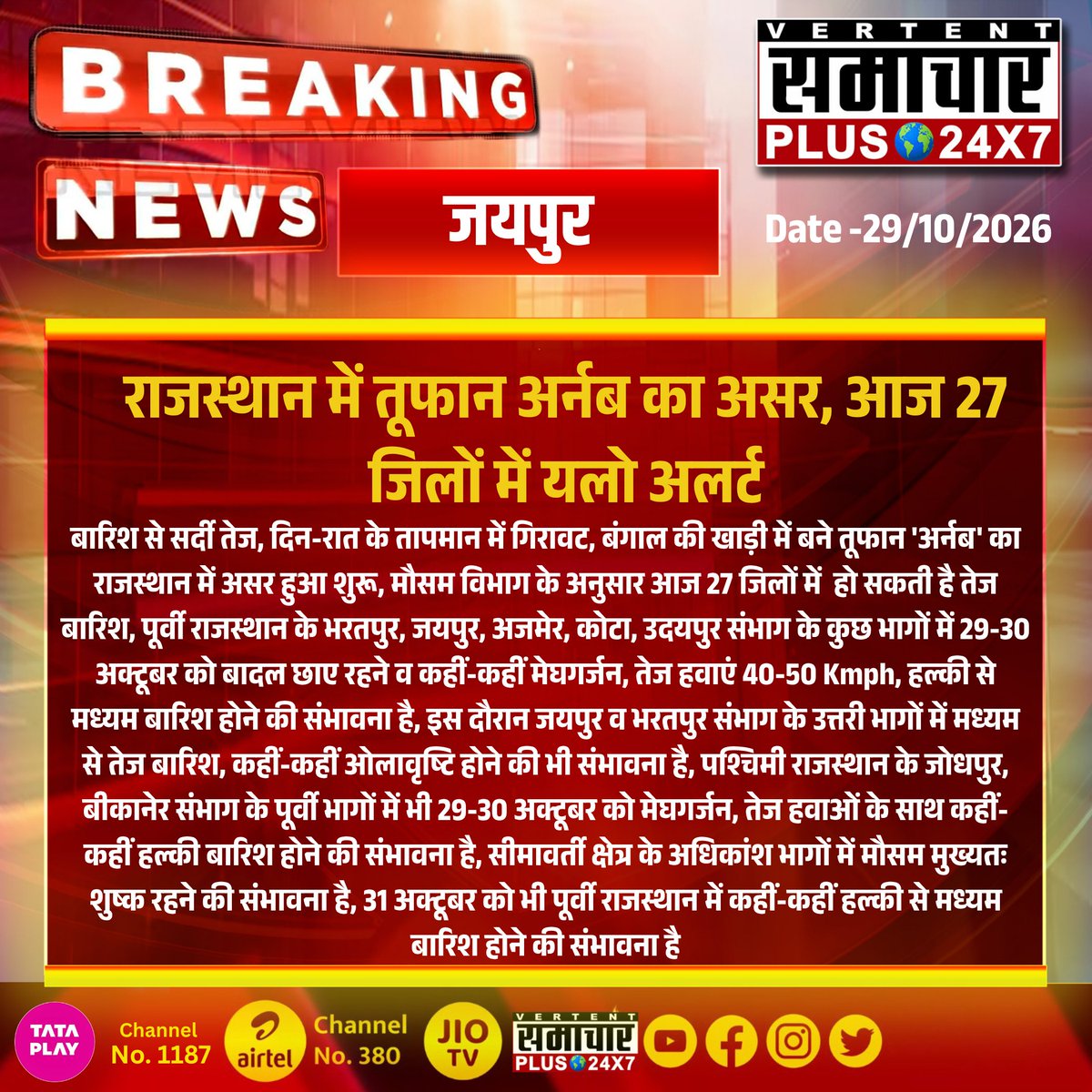 SamacharPlus360's tweet photo. #जयपुर, राजस्थान में अर्नब तूफान का असर, 27 जिलों में यलो अलर्ट जारी! 

राजस्थान में चक्रवात ‘अर्नब’ के असर से मौसम का मिजाज बदल गया है। मौसम विभाग ने आज 27 जिलों में यलो अलर्ट जारी किया है। बारिश और तेज हवाओं के चलते दिन और रात के तापमान में गिरावट से सर्दी बढ़ने लगी है। 
#RajasthanWeather #CycloneArnab #YellowAlert #JaipurWeather #RajasthanNews #WeatherUpdate  #SamacharPlus24x7 #BreakingNews