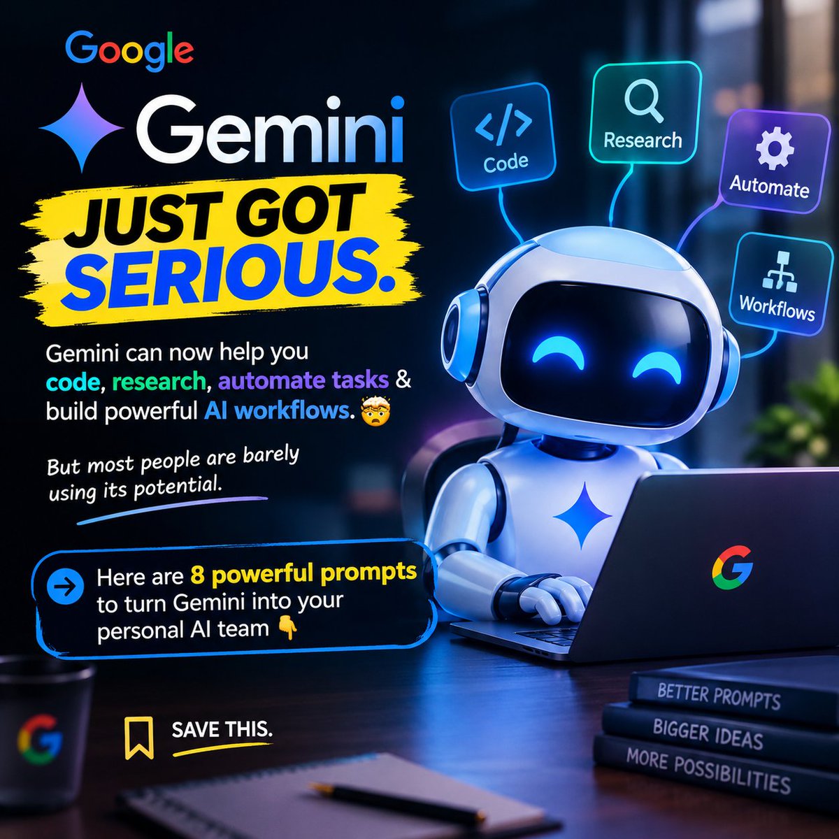 TECH_BRIXTON_AI's tweet photo. 🚨 GEMINI JUST GOT SERIOUS.

Gemini can now help you code, research, automate tasks &amp; build powerful AI workflows. 🤯

But most people are barely using its potential.

Here are 8 powerful prompts to turn Gemini into your personal AI team 👇

🔖 SAVE THIS. https://t.co/HNpb3kJlCq
