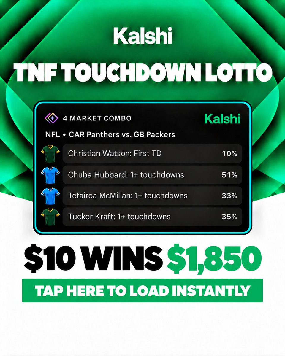 thepropdealer's tweet photo. TNF TD Lotto: $10 wins $1,850

📈 Every leg is from my TD Model.

Click below load it into your Kalshi app instantly.

New to Kalshi? Trade $25 &amp; Get $55 FREE.