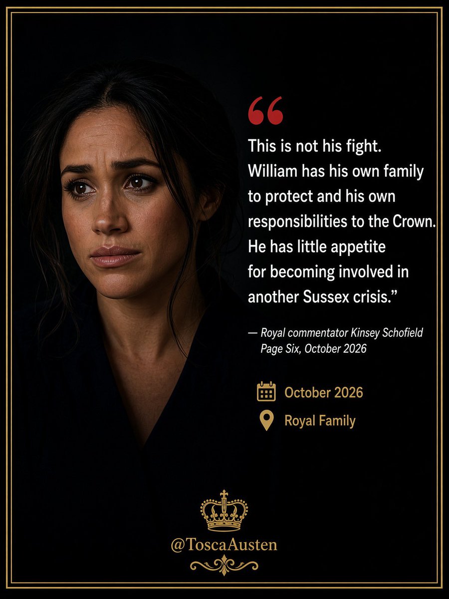ToscaAusten's tweet photo. 👑✨ 𝙏𝙝𝙚 𝙋𝙖𝙡𝙖𝙘𝙚 𝙞𝙨 𝙨𝙞𝙩𝙩𝙞𝙣𝙜 𝙩𝙝𝙞𝙨 𝙤𝙣𝙚 𝙤𝙪𝙩.

After Meghan Markle said she was “deeply distressed” by the porn allegations involving her father Thomas Markle, royal insiders say the family has no plans to step in. 

Why would they?

One commentator put it bluntly: 

William has “little appetite for becoming involved in another Sussex crisis” — and “this is not his fight.”

They’ve chosen distance. Again.

* ᵀʰᵒᵐᵃˢ ᴹᵃʳᵏˡᵉ ˢʳ. ᴴᵃˢ ⁿᵒᵗ ᵇᵉᵉⁿ ᶠᵒʳᵐᵃˡˡʸ ᶜʰᵃʳᵍᵉᵈ ʷⁱᵗʰ ᵃ ᶜʳⁱᵐᵉ. ᴴᵉ ᵈᵉⁿⁱᵉˢ ᵗʰᵉ ᵃˡˡᵉᵍᵃᵗⁱᵒⁿˢ ᵃⁿᵈ ʰᵉ ⁱˢ ᵖʳᵉˢᵘᵐᵉᵈ ⁱⁿⁿᵒᶜᵉⁿᵗ.
