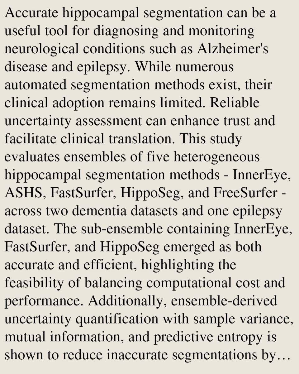 CSVisionPapers's tweet photo. Evaluation of Uncertainty-Aware Multi-Software Ensembles for Hippocampal Segmentation

Gabriel Oliveira-Stahl, Anna Schroder, James Moggridge, Hamza A. Salhab, Caroline Micallef, Josephine Barnes, M. Jorge Cardoso, Carole H. Sudre, …
https://t.co/WYRy8Ql8Ag [𝚌𝚜.𝙲𝚅] https://t.co/aZzbSwpMZM