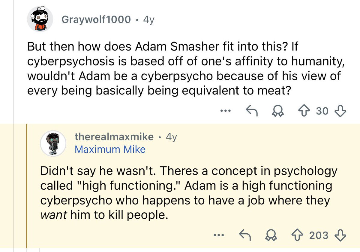 G0ffThew's tweet photo. 1) the creator of Cyberpunk has confirmed that Adam Smasher is a high-functioning Cyberpsycho

2) it’s not about how much chrome you chip, it’s about how stable your psyche is. The cyberware only amplifies whatever mental conditions you already have. https://t.co/osqedkw0WH