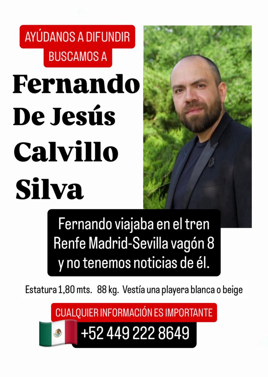 ParadxnDeTenas's tweet photo. 37) Fernando De Jesús Calvillo Silva

• Físico: 180 cm, 88 kg. Vestía una playera blanca o beige. 
• Lugar: AVE, Vagón 8. https://t.co/w2zehkZHTA