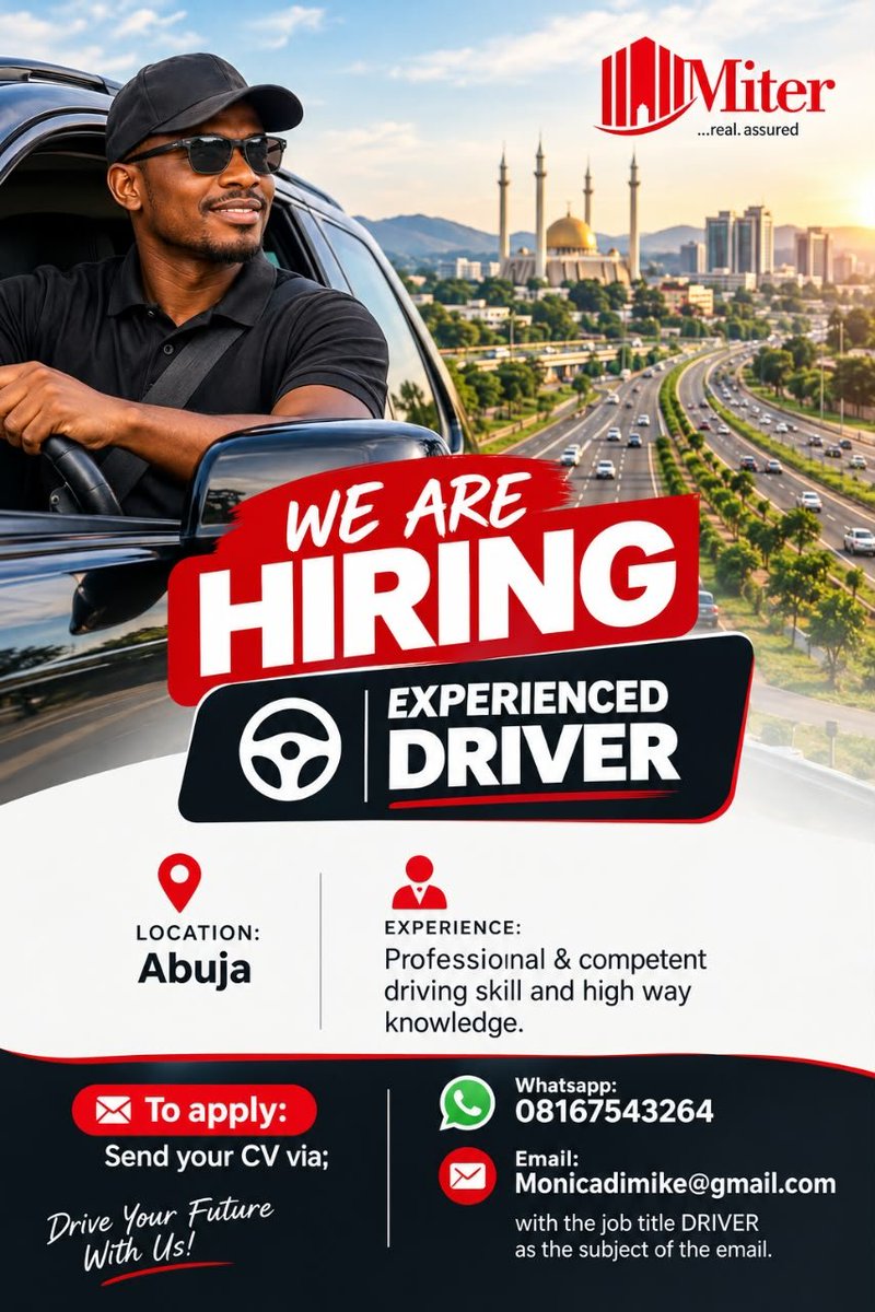 Monic_Amy's tweet photo. WE ARE HIRING! ABUJA NIGERIA

🔹 Site Supervisor
🔹 Hospitality Manager 
🔹 Experienced Driver
📩 How to Apply:
Send your CV to the respective email addresses on the flyers.

#HallelujahChallengeOct2026 Christiano Ronaldo Burna Ballon the greatest of all time Chelsea
Liverpool https://t.co/HVaP0piOrN