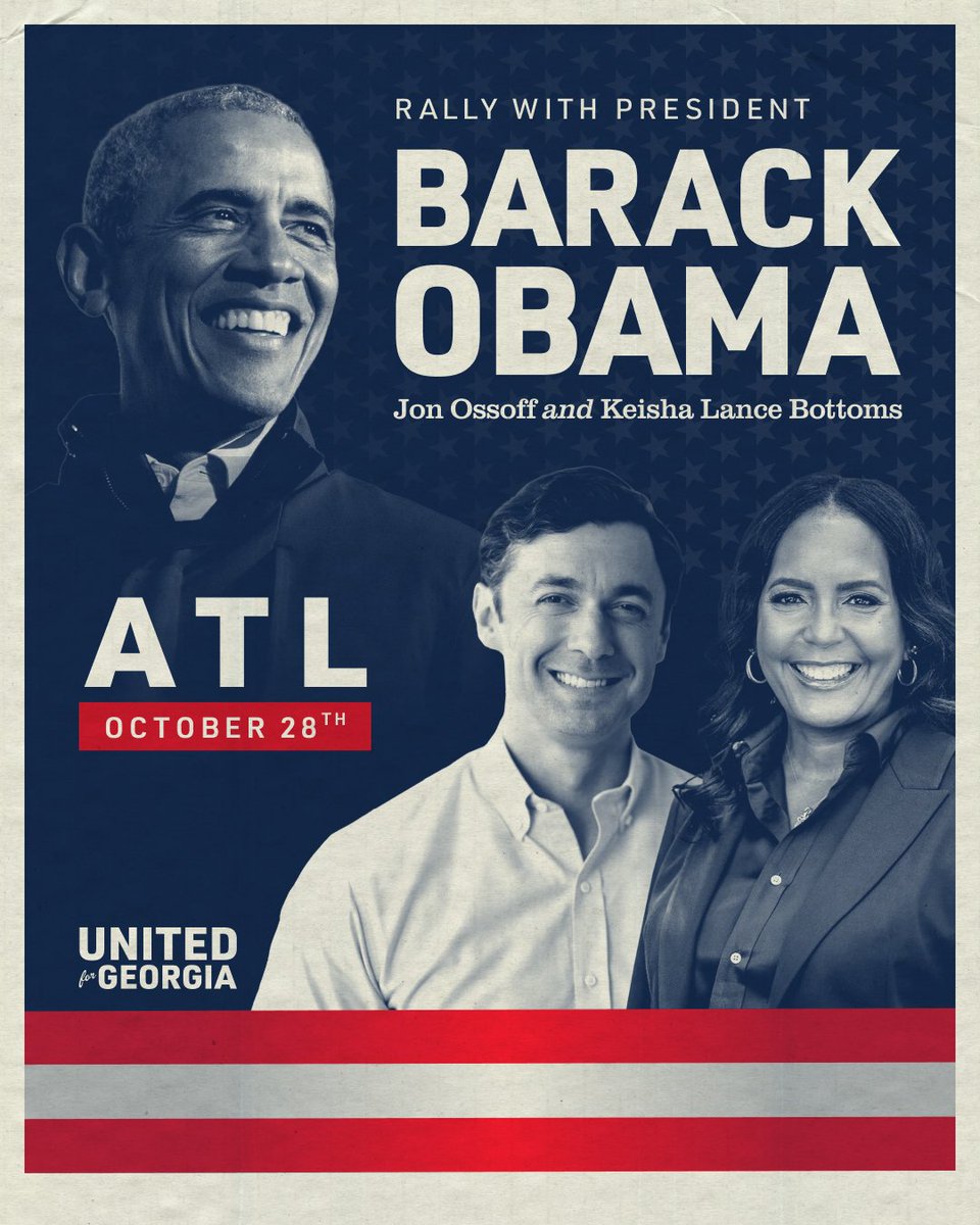 BarackObama's tweet photo. Tonight, I’m heading to Georgia for a rally to support @KeishaBottoms, Jon @Ossoff, and Democrats up and down the ballot.

The last day to vote early in Georgia is this Friday, October 30th, so make a plan today at https://t.co/tsNPpJtGgE. https://t.co/4KG3zD4ezo