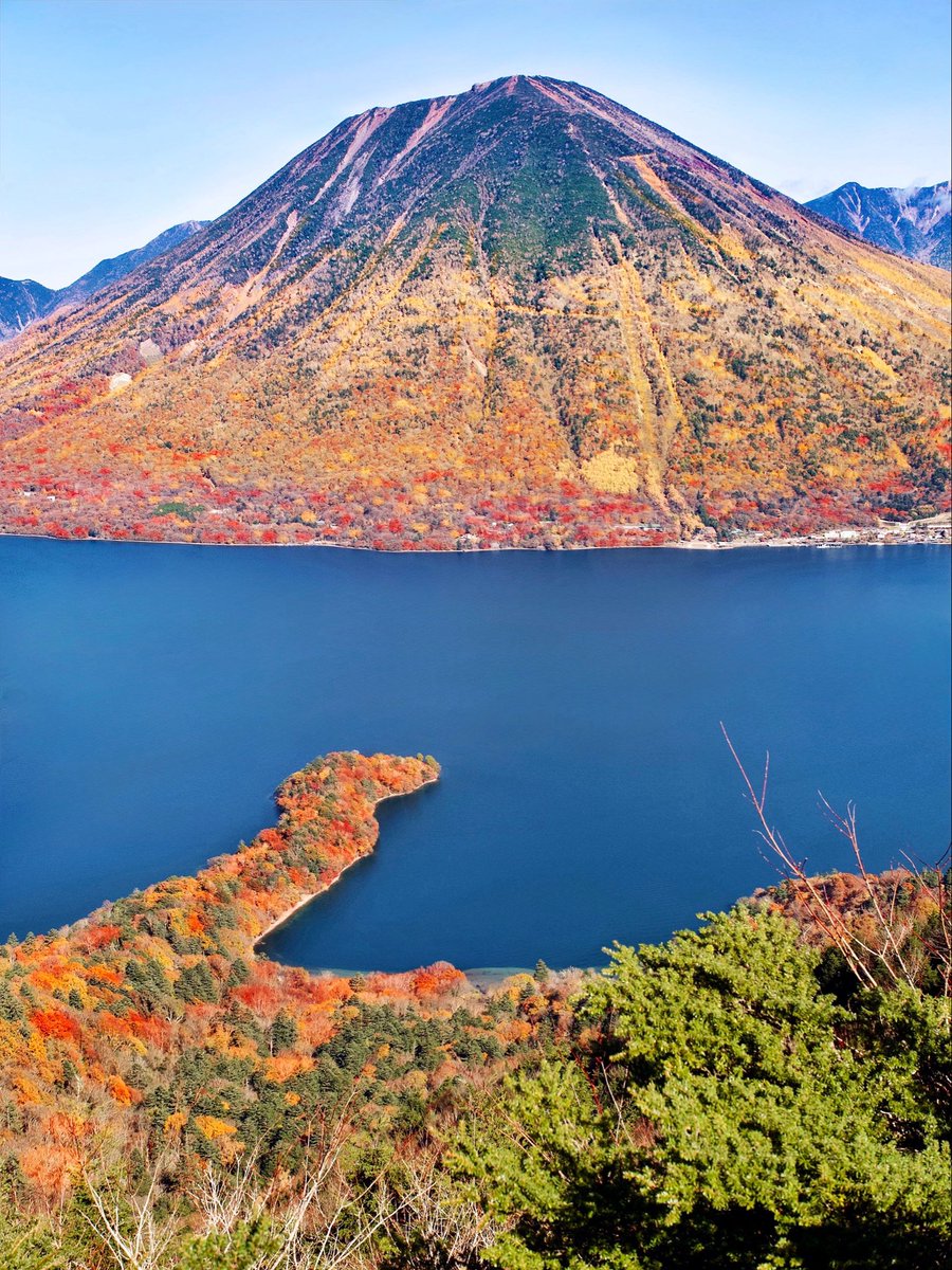 azukimochi_room's tweet photo. 紅葉が見頃を迎えた日光🍁*:･ﾟ

半月山からの男体山×中禅寺湖×八丁出島が美しい https://t.co/SZKEruPdAR