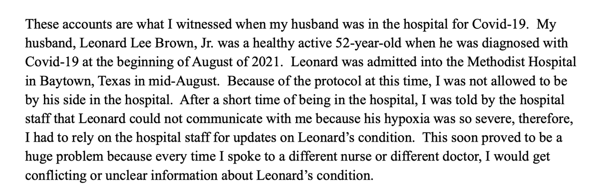 MaryBowdenMD's tweet photo. I met the widow of Leonard Lee Brown, Jr today. Mr. Brown was a healthy 52 year old man who died 5 days after his 18th wedding anniversary on a ventilator at Houston Methodist Hospital. When his widow asked if he could try ivermectin, the doctor replied "No, ivermectin is for cattle."

@SenRonJohnson has Mr. Brown's full story on his website and is still accepting more hospital protocol stories.