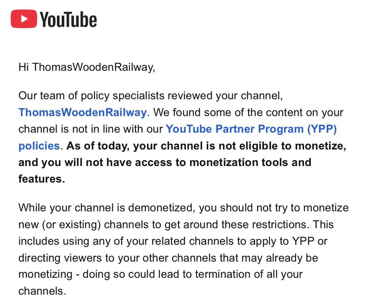 TWRailway's tweet photo. As of today, 10/28/26, my YouTube channel of 17 years has been demonetized.

I firmly believe this decision is wrong. I've always maintained that my channel is meant for individuals of all ages. 

I implore you to reconsider this decision. @YouTube @YouTubeCreators https://t.co/orAKycxyip