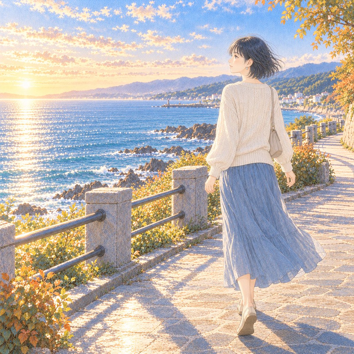 shieroji0201's tweet photo. おはようございます☀️

秋の海辺の遊歩道を、ゆっくり歩く朝。
白いニットに青いスカートを合わせて、朝日にきらめく海を眺めます。

少しひんやりした空気の中、木々の葉も少しずつ秋色に。
いつもの道も、光の加減で違って見えるから不思議です。

木曜日も、自分のペースで始められますように🌿

#秋の海 #朝の散歩 #AIイラスト