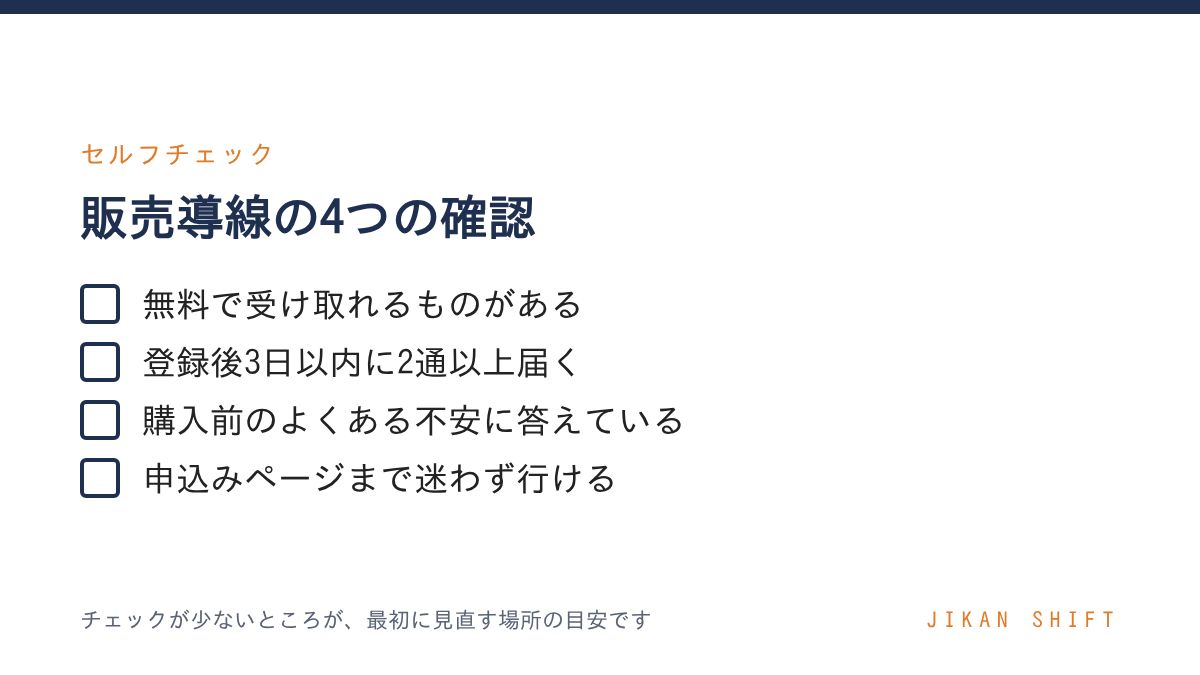 jikanshift's tweet photo. 投稿を増やす前に、お客さんのつもりで申込みまで進んでみる。
□ 無料で受け取れるものがある
□ 登録後3日以内に2通以上届く
□ 購入前の不安に答えている
□ 申込みページまで迷わず行ける
途中で立ち止まる場所があれば、まずそこから。発信量だけの問題じゃない。 https://t.co/EiBKtz4zW6