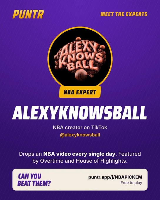 Puntr Meet the Experts card: AlexyKnowsBall, NBA Expert. Drops an NBA video every single day. Featured by Overtime and House of Highlights.