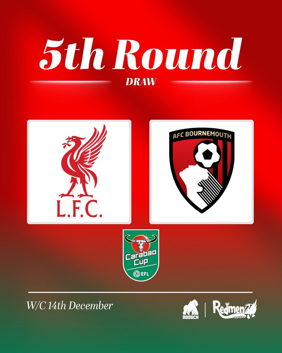 TheRedmenTV's tweet photo. Liverpool will host Bournemouth at Anfield in the QF of the Carabao Cup 🏆 https://t.co/JU6lbRvSms
