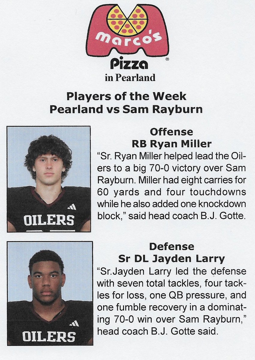 drdavis111's tweet photo. Marco's Pizza "Players of the Week" for Pearland vs Sam Rayburn...
@draftjm13 @joeagleason 
@JonPoorman @ihss_houston @247Sports @vypehouston @PearlandOilers @ToddFreed57 https://t.co/HsaZ9Rejr2