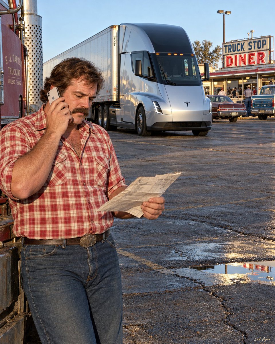 LookAgainNow's tweet photo. This 1976 photo shows a truck driver taking a break at a rest stop, but two things are from the future. 

Can you spot them both? https://t.co/nSutwon7np