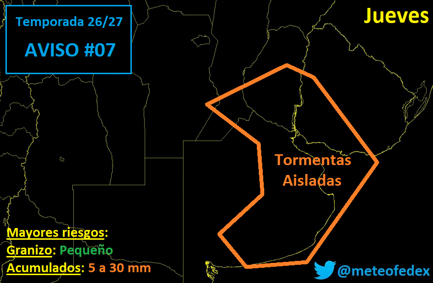 MeteoFedex's tweet photo. #Tormenta JUEVES | Un pequeño grupo de tormentas se desplazará lentamente sobre la zona delimitada. Pueden afectar #CABA en la madrugada, con menor chance el resto del día.

Al igual que el Miércoles, puede llover de forma intensa con granizo de forma local.

Las seguimos 😁 https://t.co/hJCSZUUSEo