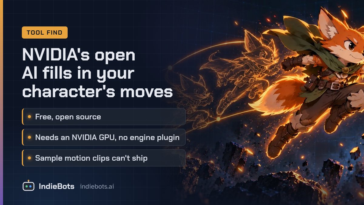 indiebots_ai's tweet photo. nvidia's MotionBricks is open: set a target pose and it generates the walk, run or vault to get there, in real time.

no engine plugin, just a python runtime on an nvidia gpu. code and weights can ship, sample clips can't.

worth wiring in? https://t.co/WIsHyEP9PO