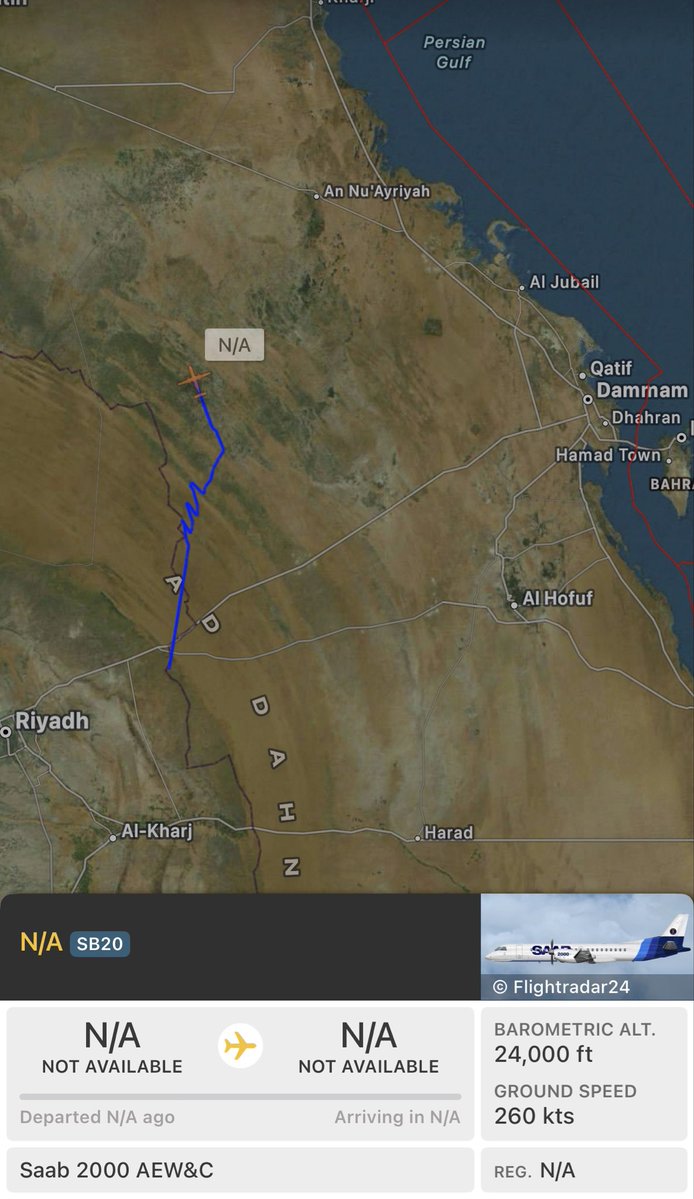 Avionsint's tweet photo. x2 RSAF Saab 2000 AEW&amp;C active in the Eastern Region for tracking OWA drones and cruise missiles, while King Fahd International Airport in Dammam remains undisrupted for now. https://t.co/BBV62ipQnV