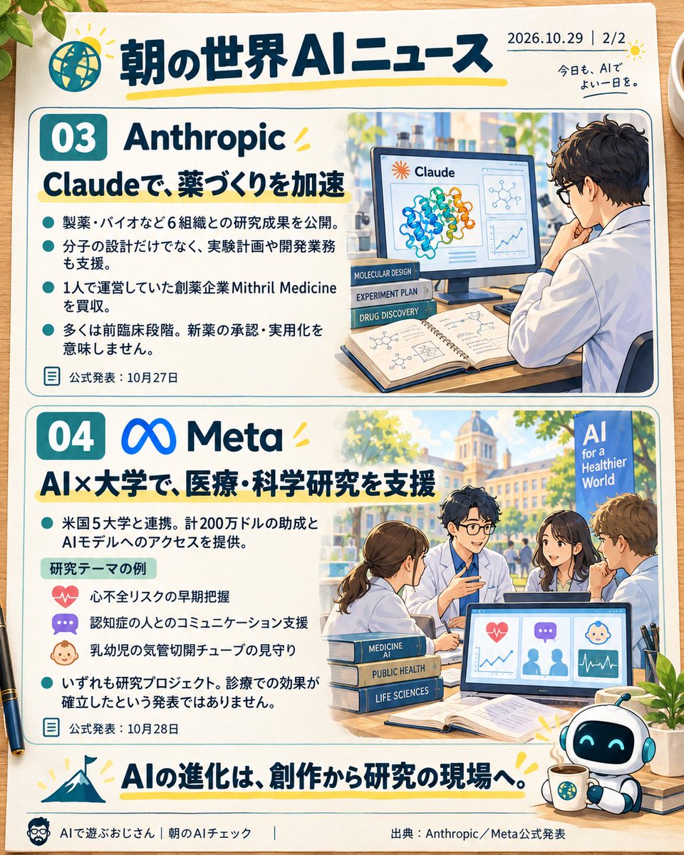 AIAI_ceo's tweet photo. おはようございます☀️
今朝の世界AIニュース！

🌍 Google「Genie 4」：探索できるAI世界に音・会話も
🧠 OpenAI：Google製AIチップ購入を計画と報道
🧬 Anthropic：Claudeによる創薬研究を公開
🏫 Meta：米5大学の医療・科学研究を支援

何ができる？今使える？
ポイントを画像2枚にまとめました👇 https://t.co/a5T9xxGKEH
