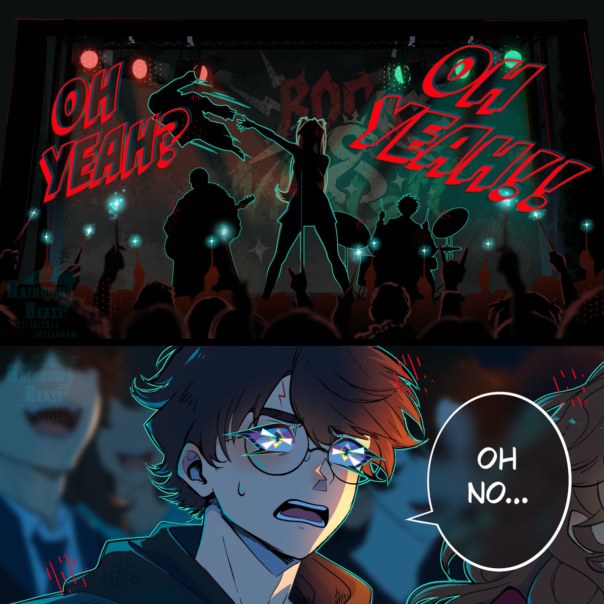 RainbowBeastArt's tweet photo. Draconia singing DIRECTLY at Harry while he’s with Hermione… GIRL, THE SHADE. 😭🐍💋

👀🥁 Keep an eye on the drummer… you might recognize someone. And this drama might not be over yet. 😏🎸

#HarryPotter #Drarry #ScottPilgrim #CrossoverFanart https://t.co/1oAQwl48JS