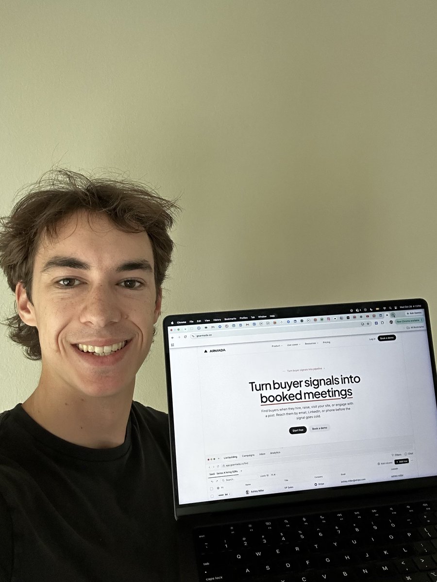 walkerdoesbiz's tweet photo. I am Zach!

2026 has been one of the most interesting years of my life.

💰 Scaled my first software company to 6 figures/month

📈 Just launched my second company https://t.co/C4O5GxehLE

Armada is an all-in-one outbound platform where you can:

- Build signal-based lead lists from 40+ data providers
- Run email and LinkedIn campaigns
- Purchase email inboxes and rent LinkedIn profiles
- Use our API or MCP for ai agent use

I’m looking to connect with B2B founders, solopreneurs, and agency owners who run outbound!
