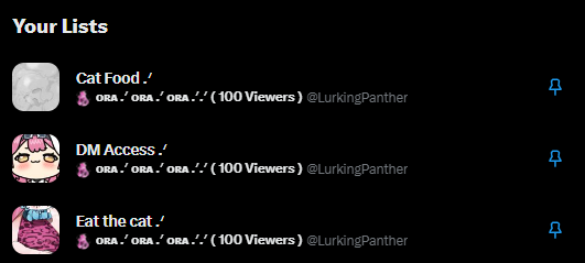 LurkingPanther's tweet photo. The panther made some lists ! ~ 😇

"Since so many 𝙋𝙍𝙀𝙔𝙎𝙇𝙐- I mean viewers (!) were so excited for this panther , how about you let her add you to some lists ! ~ 🥰

Some 𝙎𝙀𝙇𝙀𝘾𝙏𝙀𝘿 ones might get a DM or tagged ! ~🤭 "

❤️ + 🔁 to get added to some of her lists ! 💕 https://t.co/HOSctnvJlv